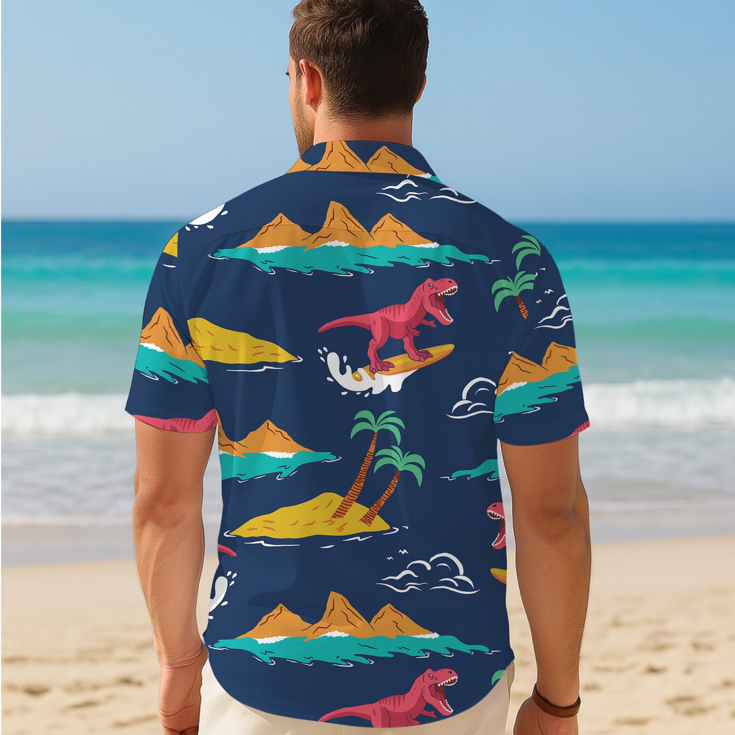 Surfing T-Rex Dinosaur Tropical Beach Ocean Pattern Hawaiian Shirt Men Women