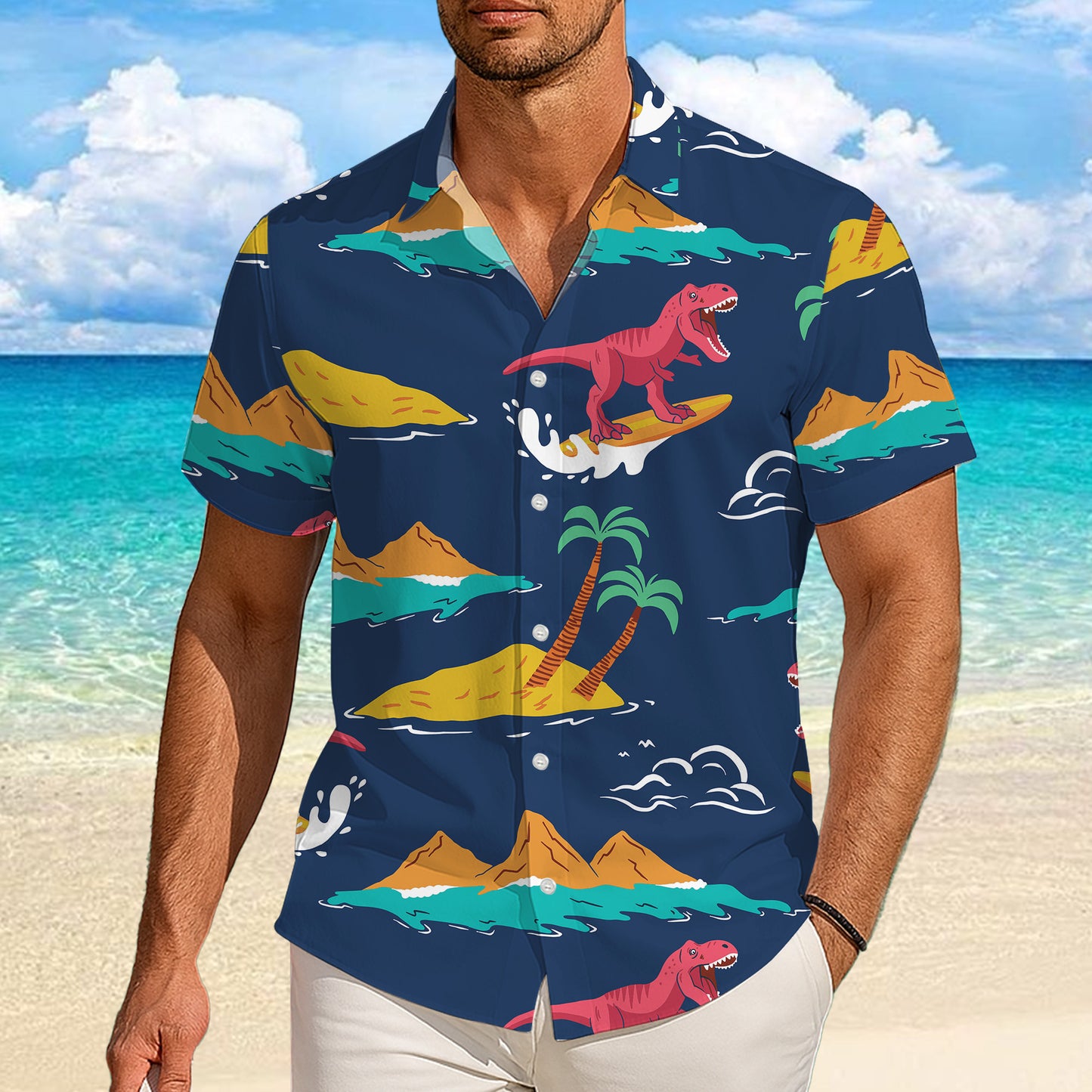 Surfing T-Rex Dinosaur Tropical Beach Ocean Pattern Hawaiian Shirt Men Women