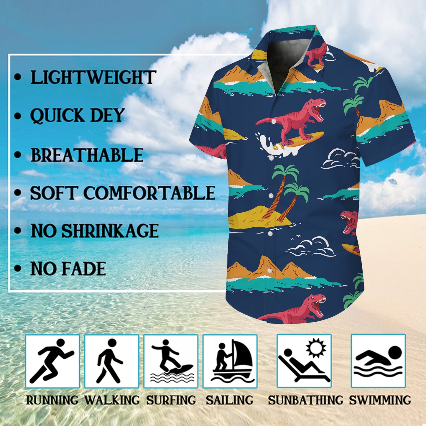 Surfing T-Rex Dinosaur Tropical Beach Ocean Pattern Hawaiian Shirt Men Women