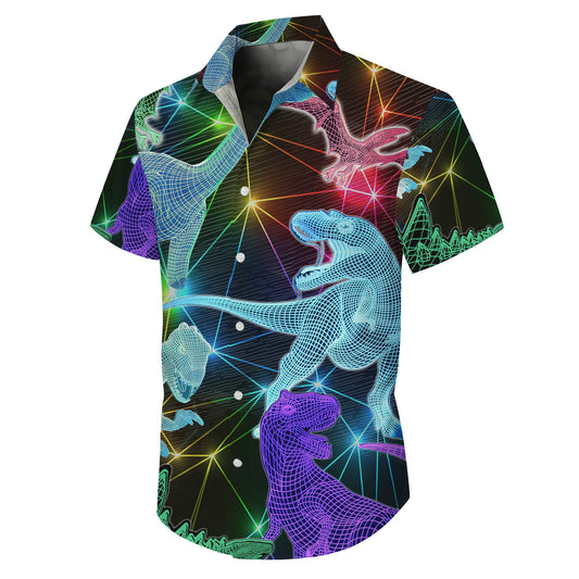3D Wireframe Neon Dinosaur Pattern Hawaiian Shirt Men Women Casual Aloha Shirt