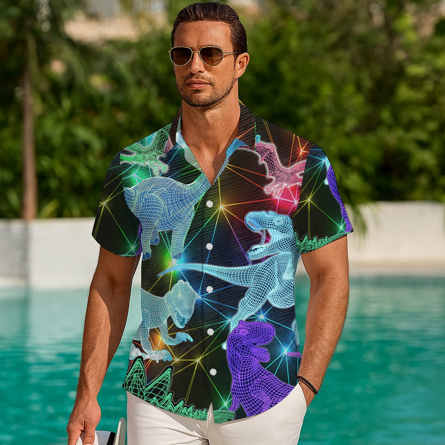3D Wireframe Neon Dinosaur Pattern Hawaiian Shirt Men Women Casual Aloha Shirt