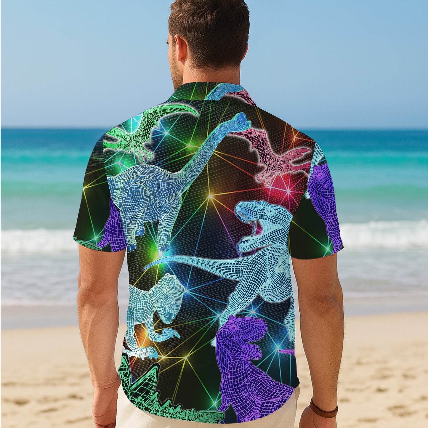 3D Wireframe Neon Dinosaur Pattern Hawaiian Shirt Men Women Casual Aloha Shirt