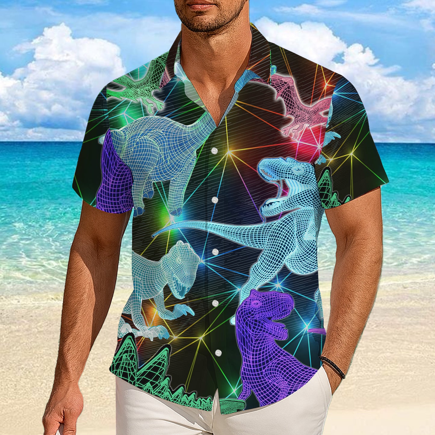 3D Wireframe Neon Dinosaur Pattern Hawaiian Shirt Men Women Casual Aloha Shirt