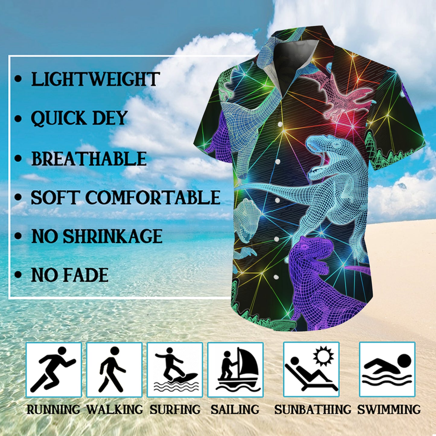 3D Wireframe Neon Dinosaur Pattern Hawaiian Shirt Men Women Casual Aloha Shirt