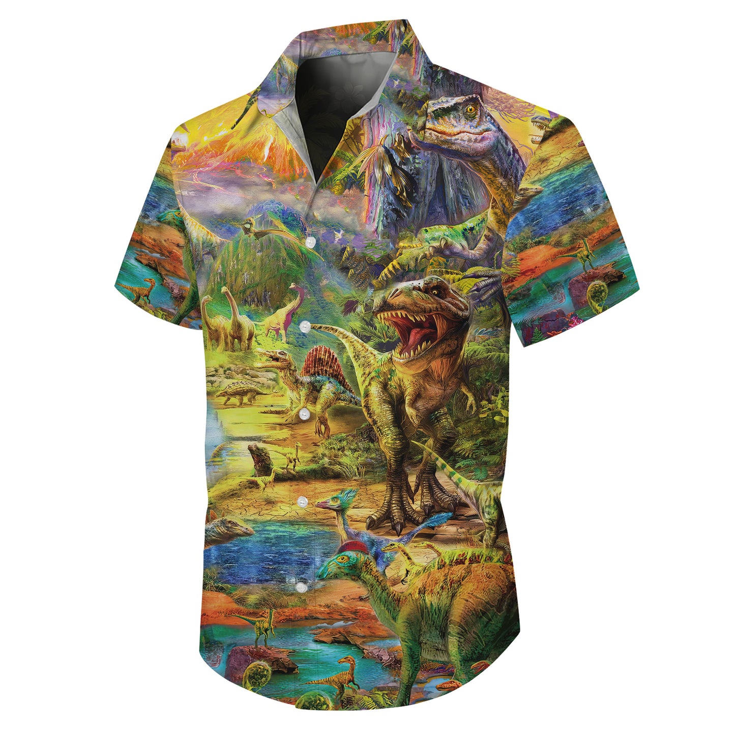 Prehistoric Dinosaur World & Volcano Pattern Hawaiian Shirt Men Women Aloha
