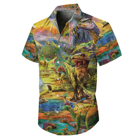 Prehistoric Dinosaur World & Volcano Pattern Hawaiian Shirt Men Women Aloha