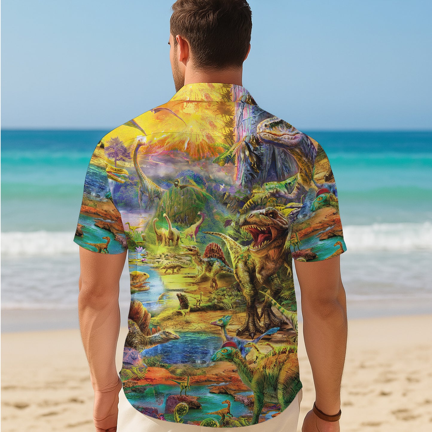 Prehistoric Dinosaur World & Volcano Pattern Hawaiian Shirt Men Women Aloha