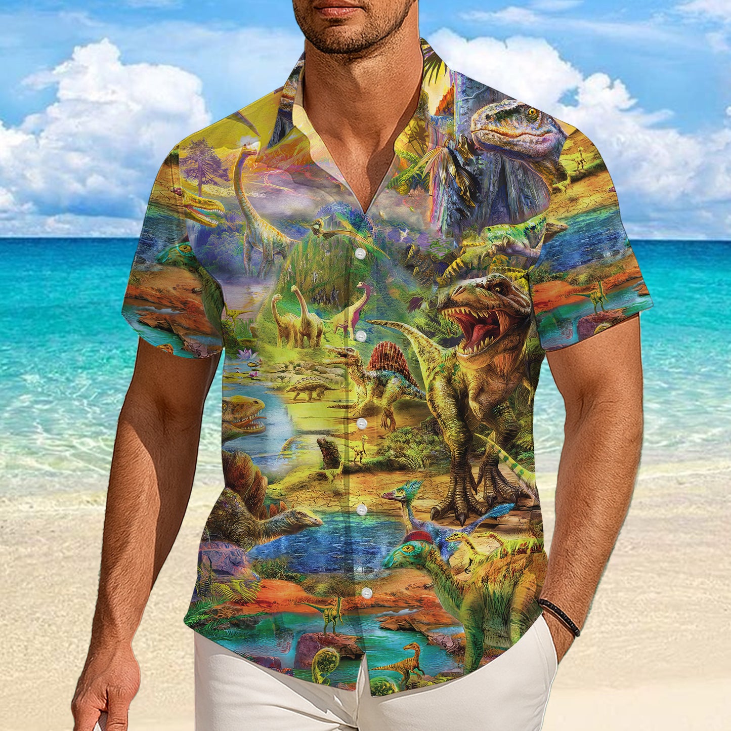 Prehistoric Dinosaur World & Volcano Pattern Hawaiian Shirt Men Women Aloha
