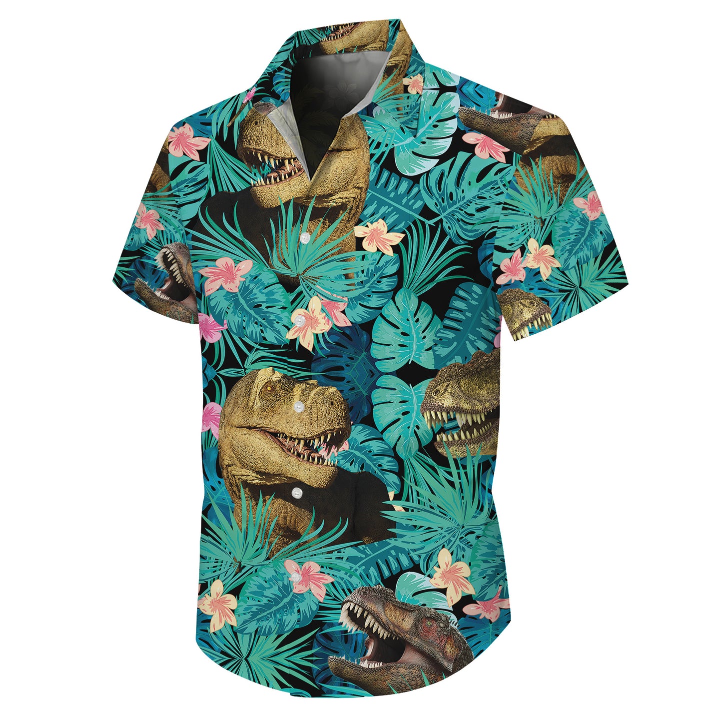 Tropical T-Rex Dinosaur & Palm Leaves Floral Pattern Hawaiian Shirt Men Women