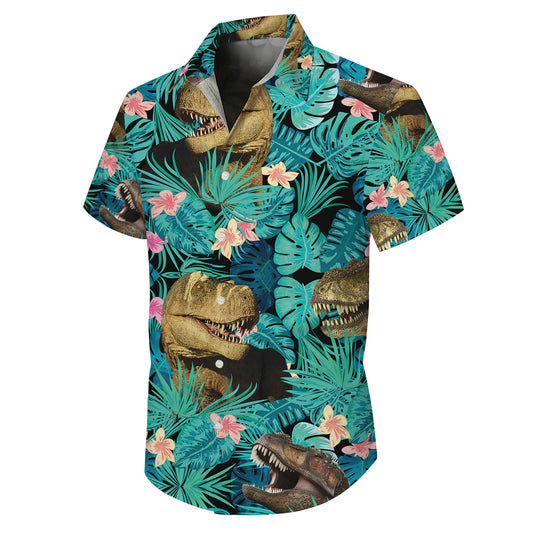 Tropical T-Rex Dinosaur & Palm Leaves Floral Pattern Hawaiian Shirt Men Women