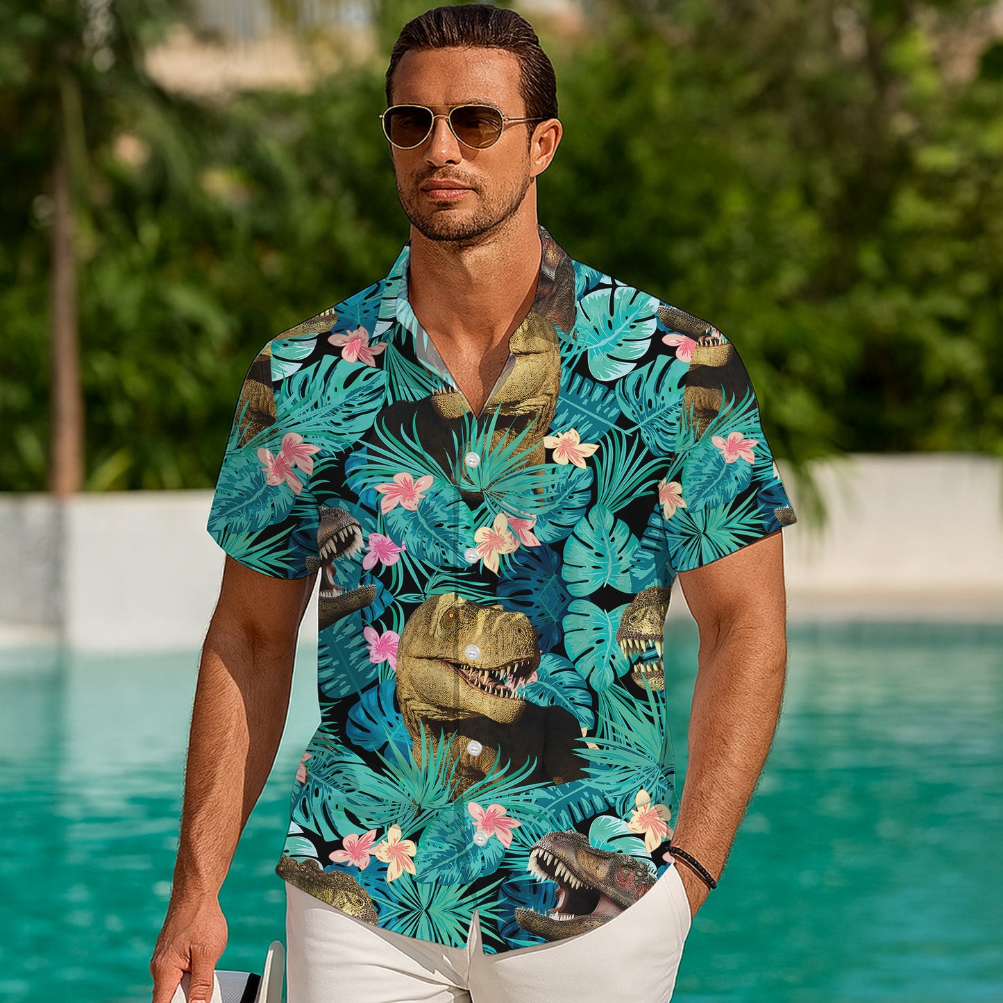 Tropical T-Rex Dinosaur & Palm Leaves Floral Pattern Hawaiian Shirt Men Women