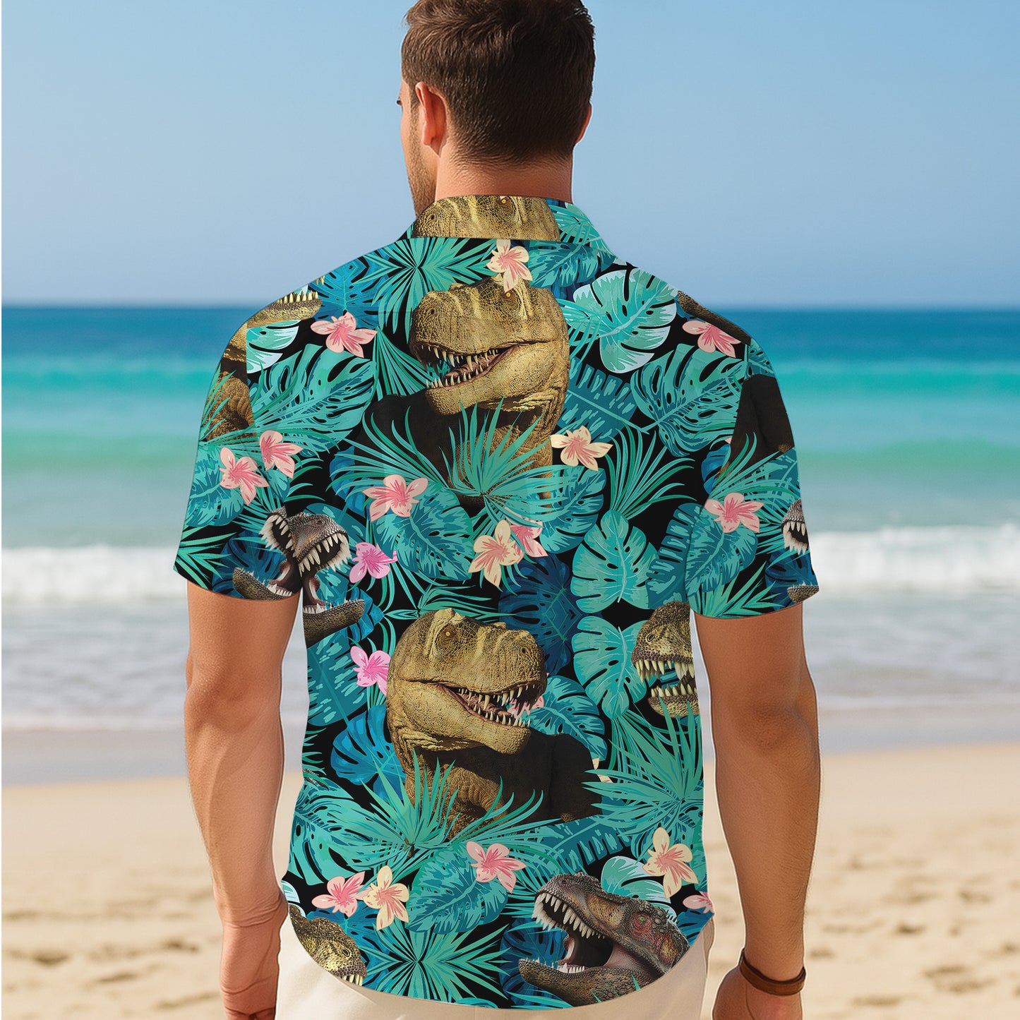 Tropical T-Rex Dinosaur & Palm Leaves Floral Pattern Hawaiian Shirt Men Women