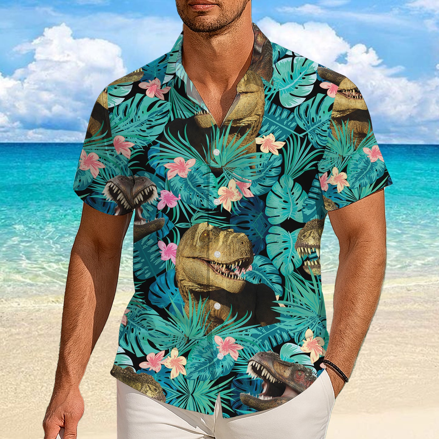Tropical T-Rex Dinosaur & Palm Leaves Floral Pattern Hawaiian Shirt Men Women