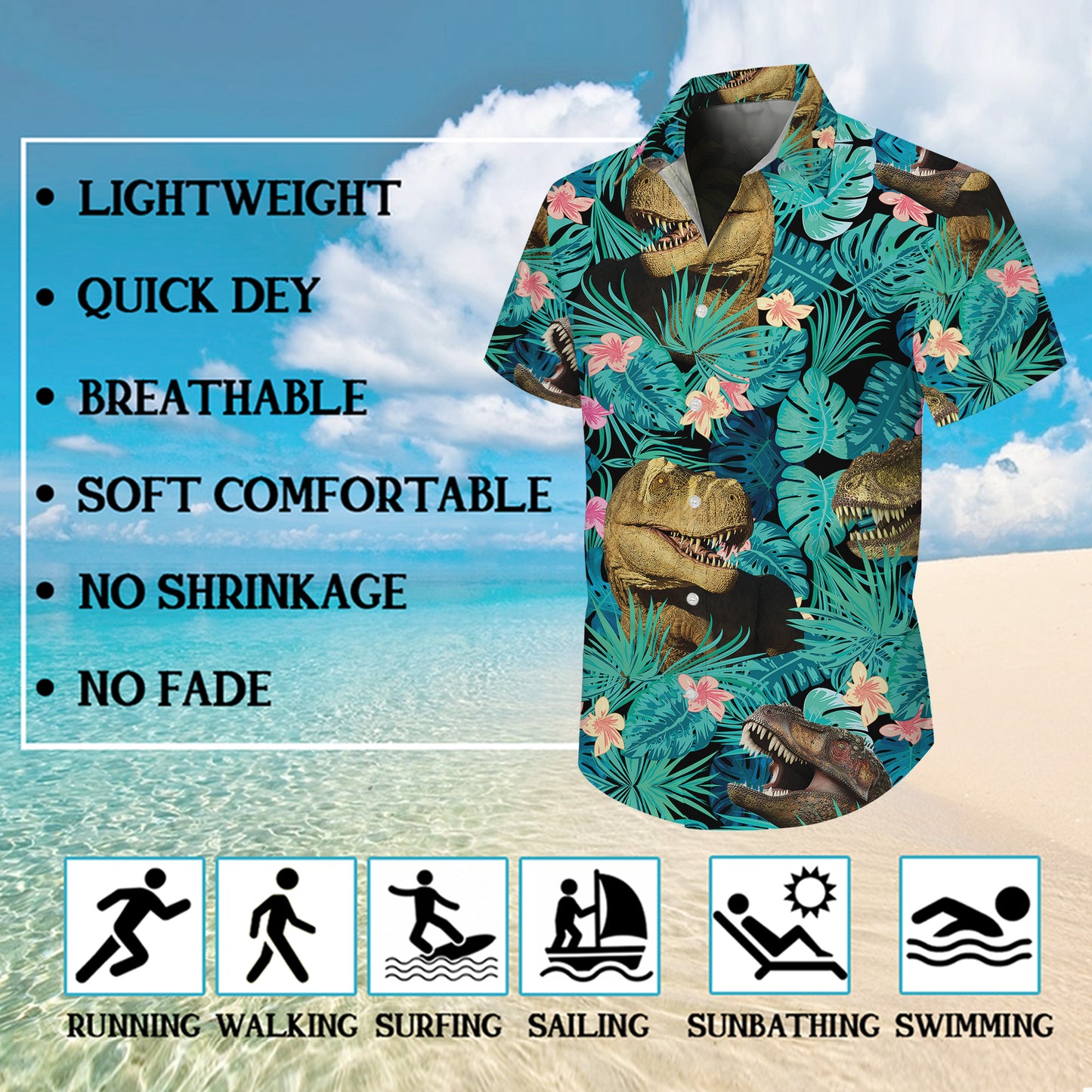 Tropical T-Rex Dinosaur & Palm Leaves Floral Pattern Hawaiian Shirt Men Women