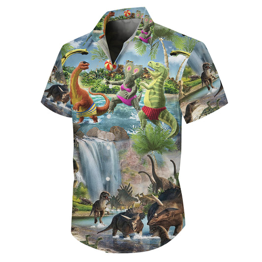 Funny Dinosaur in Swimwear & Waterfall Pattern Hawaiian Shirt Men Women Aloha