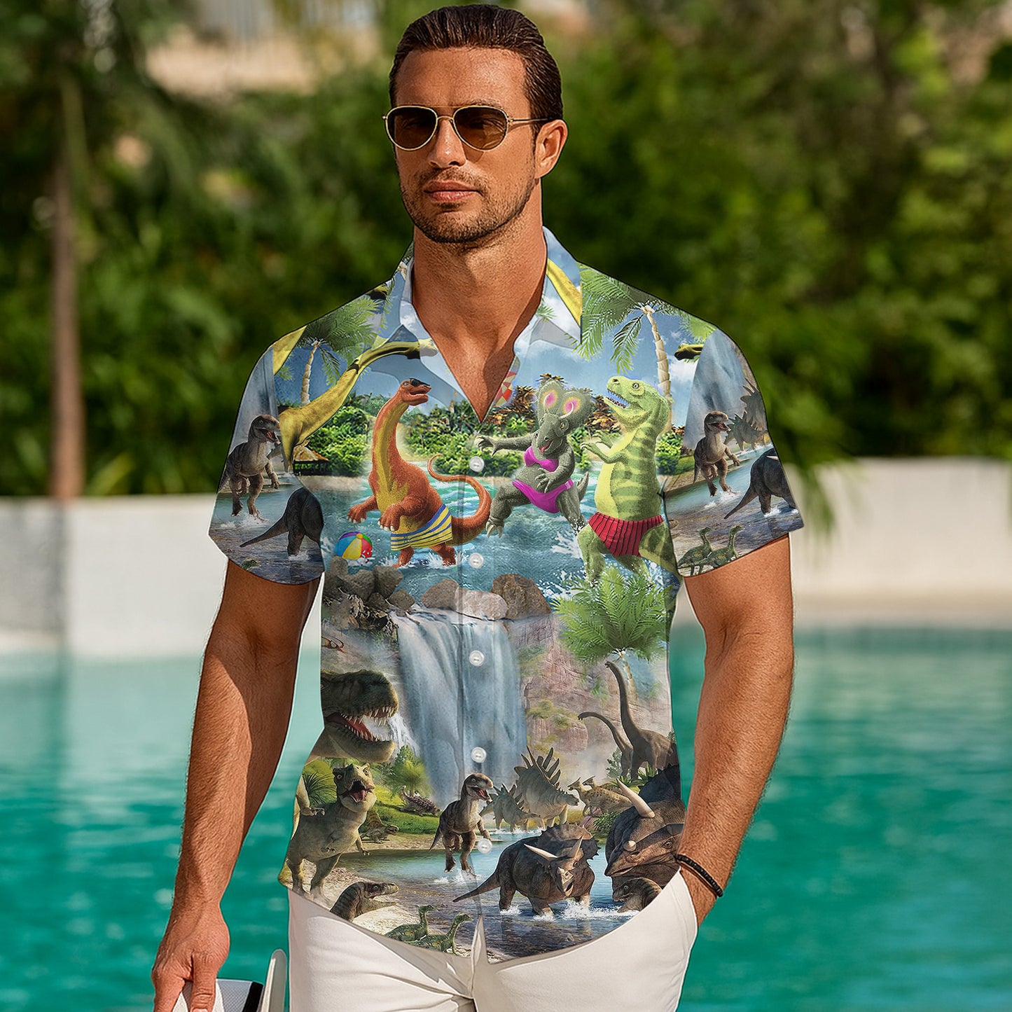 Funny Dinosaur in Swimwear & Waterfall Pattern Hawaiian Shirt Men Women Aloha