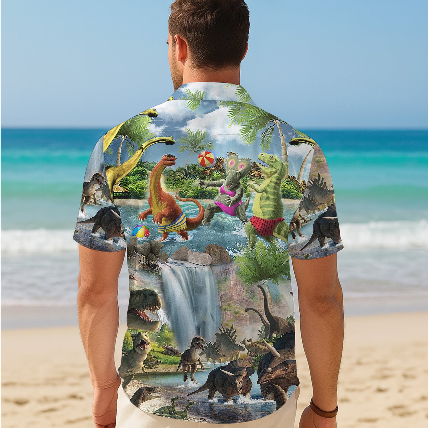 Funny Dinosaur in Swimwear & Waterfall Pattern Hawaiian Shirt Men Women Aloha