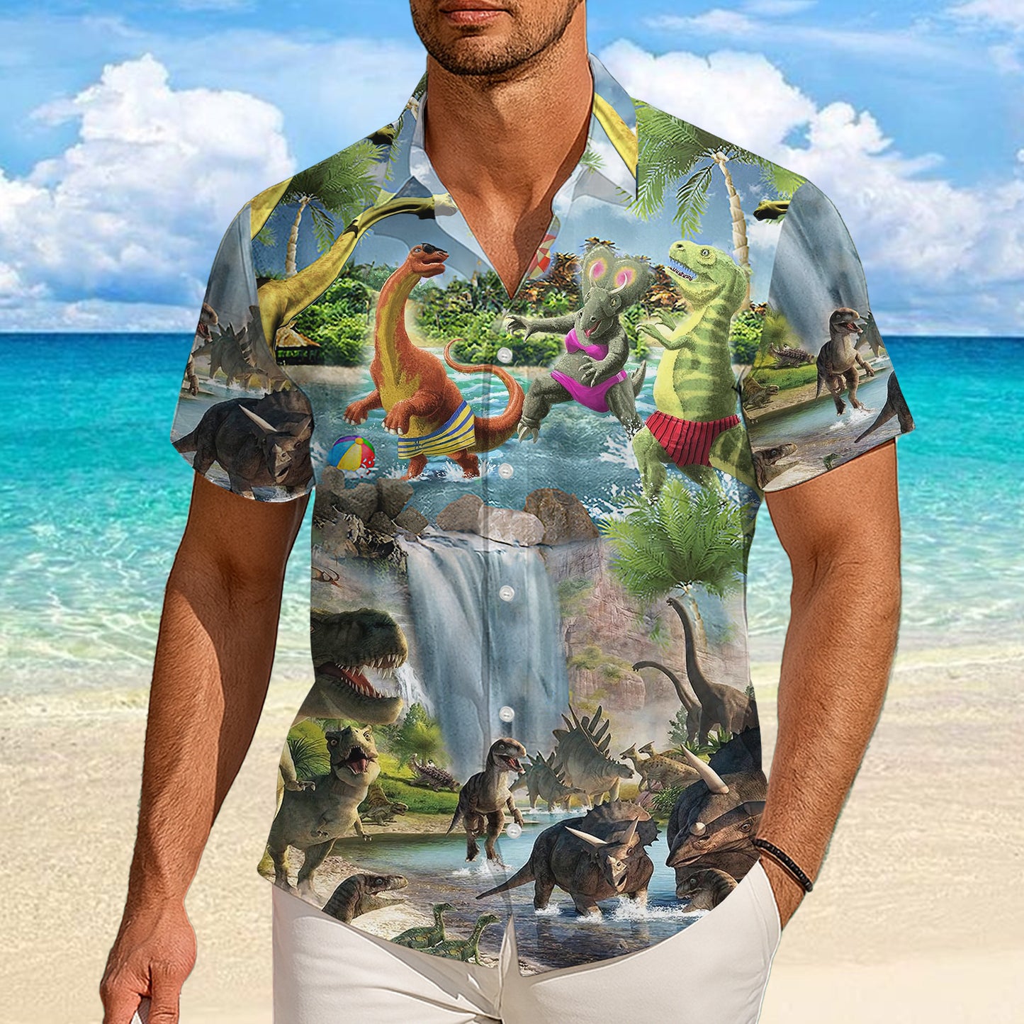 Funny Dinosaur in Swimwear & Waterfall Pattern Hawaiian Shirt Men Women Aloha