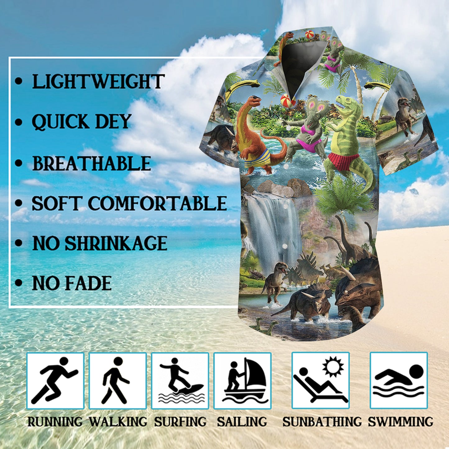 Funny Dinosaur in Swimwear & Waterfall Pattern Hawaiian Shirt Men Women Aloha