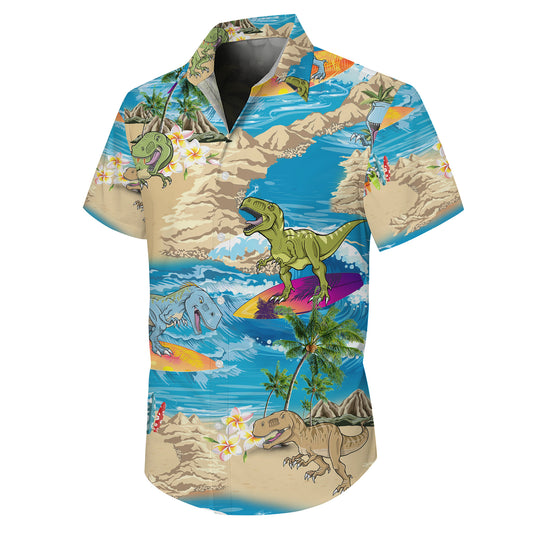 Surfing Dinosaur & Tropical Beach Ocean Pattern Hawaiian Shirt Men Women Aloha