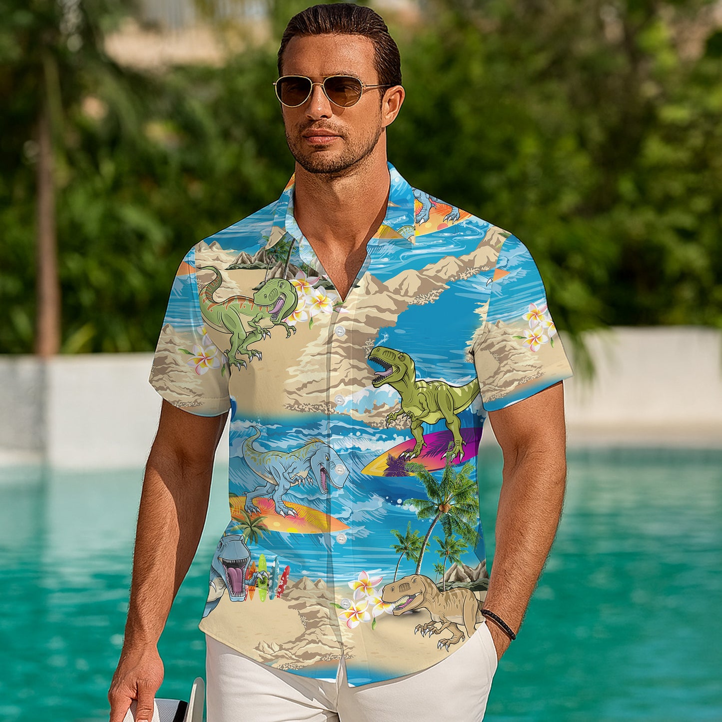 Surfing Dinosaur & Tropical Beach Ocean Pattern Hawaiian Shirt Men Women Aloha