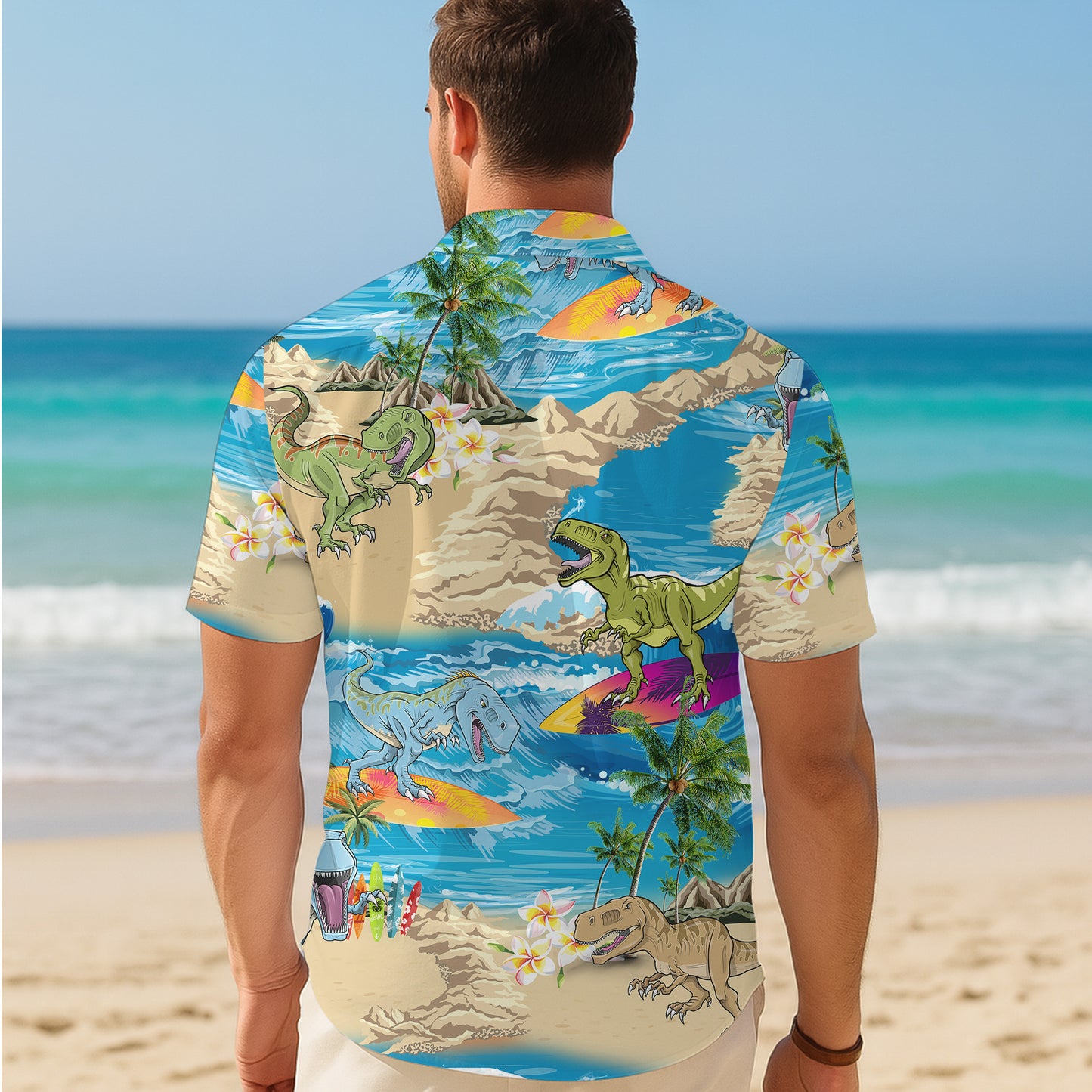 Surfing Dinosaur & Tropical Beach Ocean Pattern Hawaiian Shirt Men Women Aloha