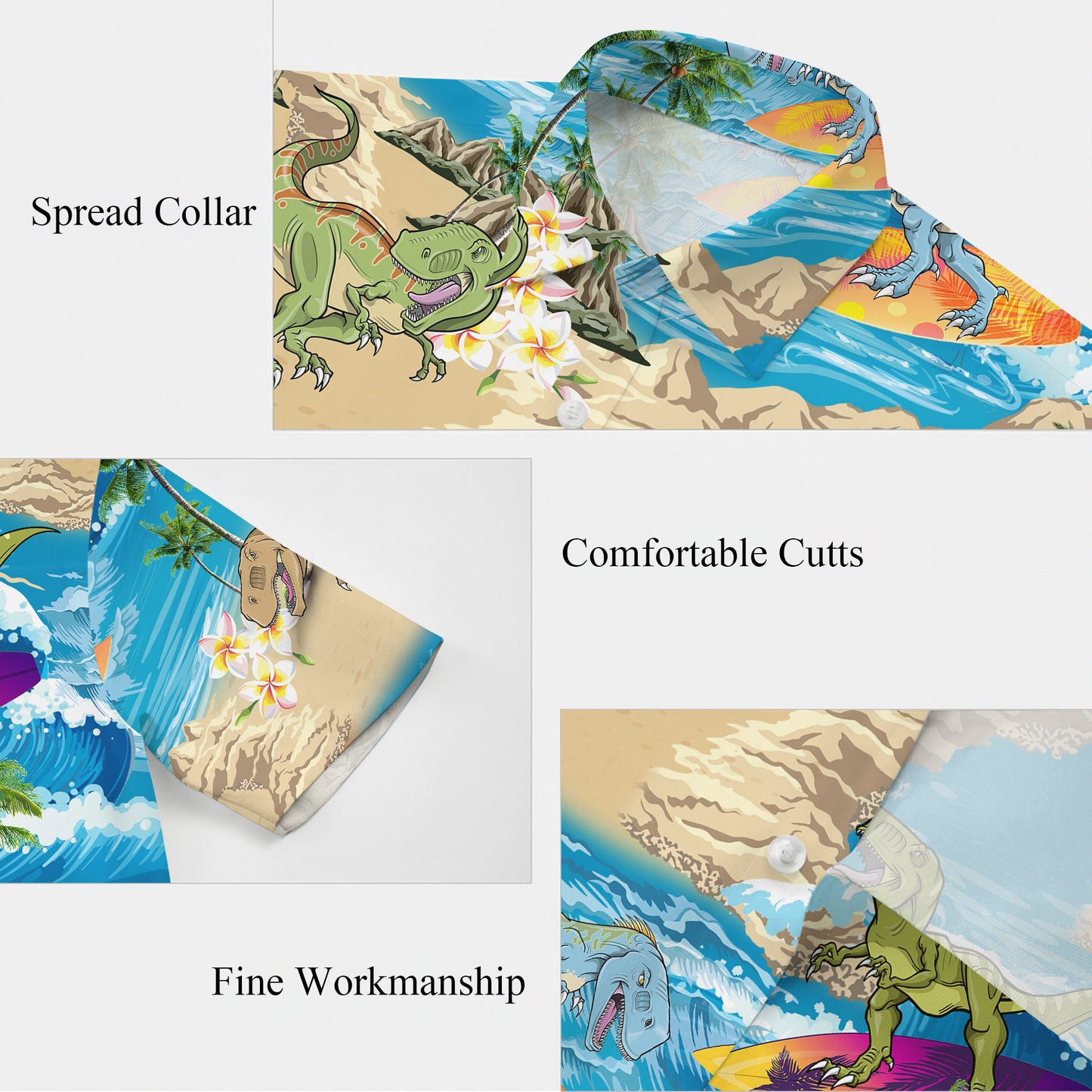 Surfing Dinosaur & Tropical Beach Ocean Pattern Hawaiian Shirt Men Women Aloha