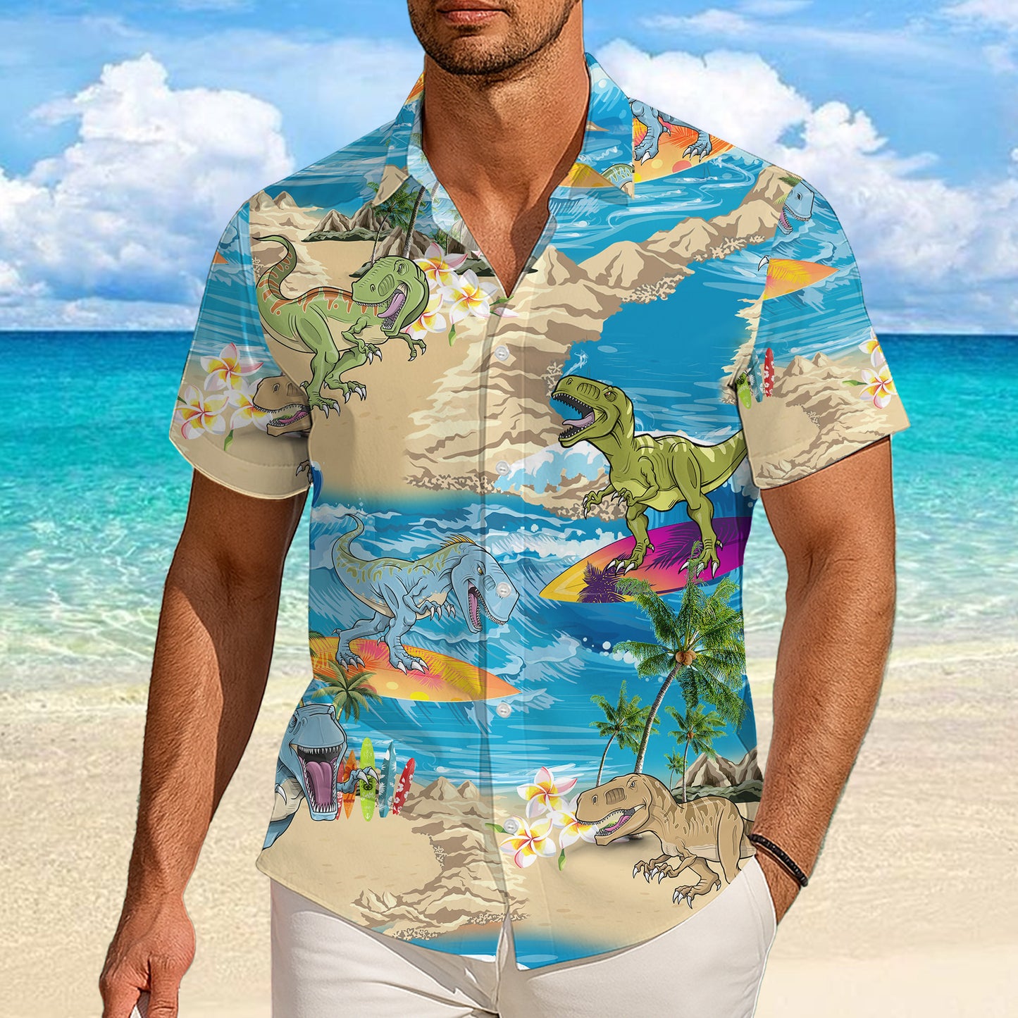 Surfing Dinosaur & Tropical Beach Ocean Pattern Hawaiian Shirt Men Women Aloha