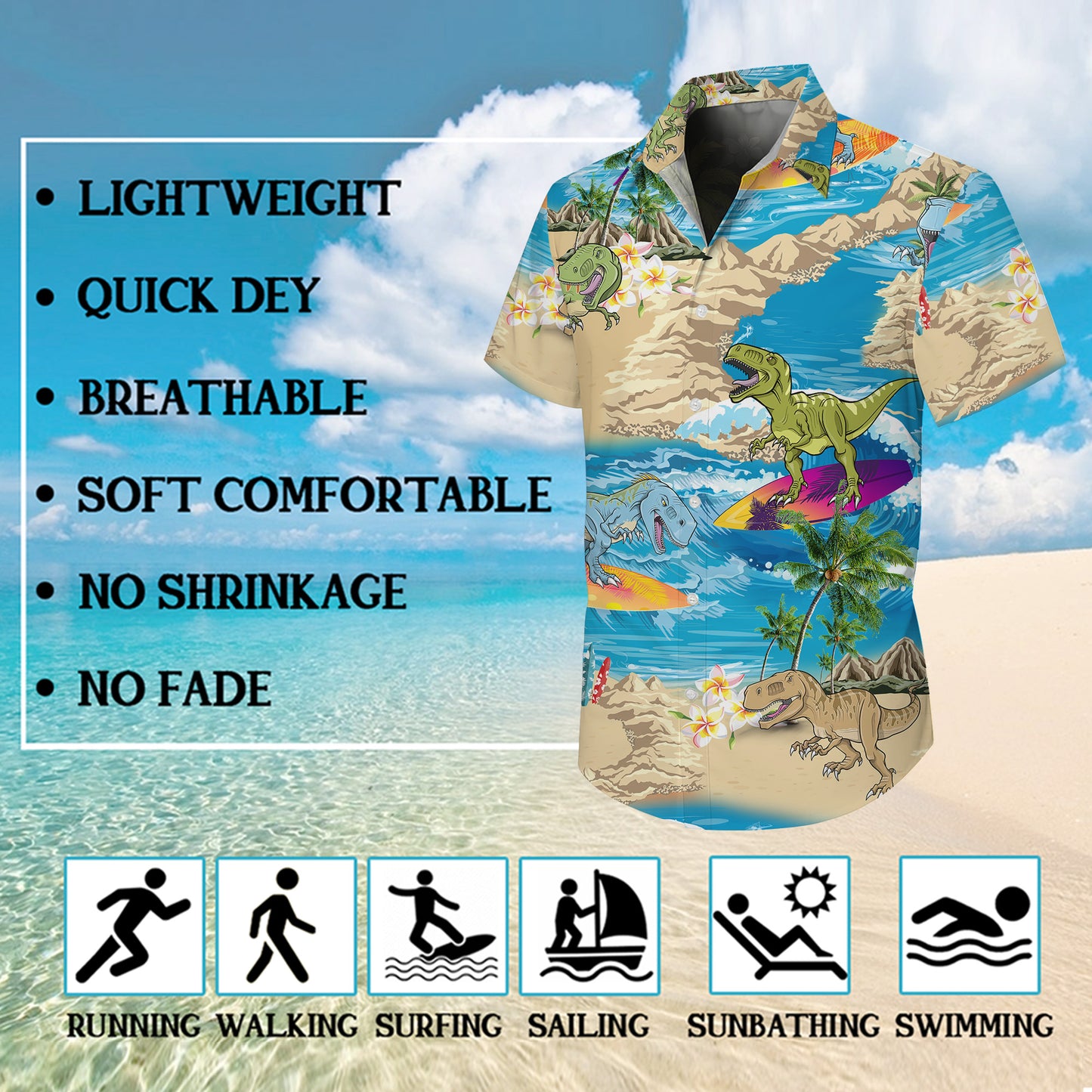 Surfing Dinosaur & Tropical Beach Ocean Pattern Hawaiian Shirt Men Women Aloha