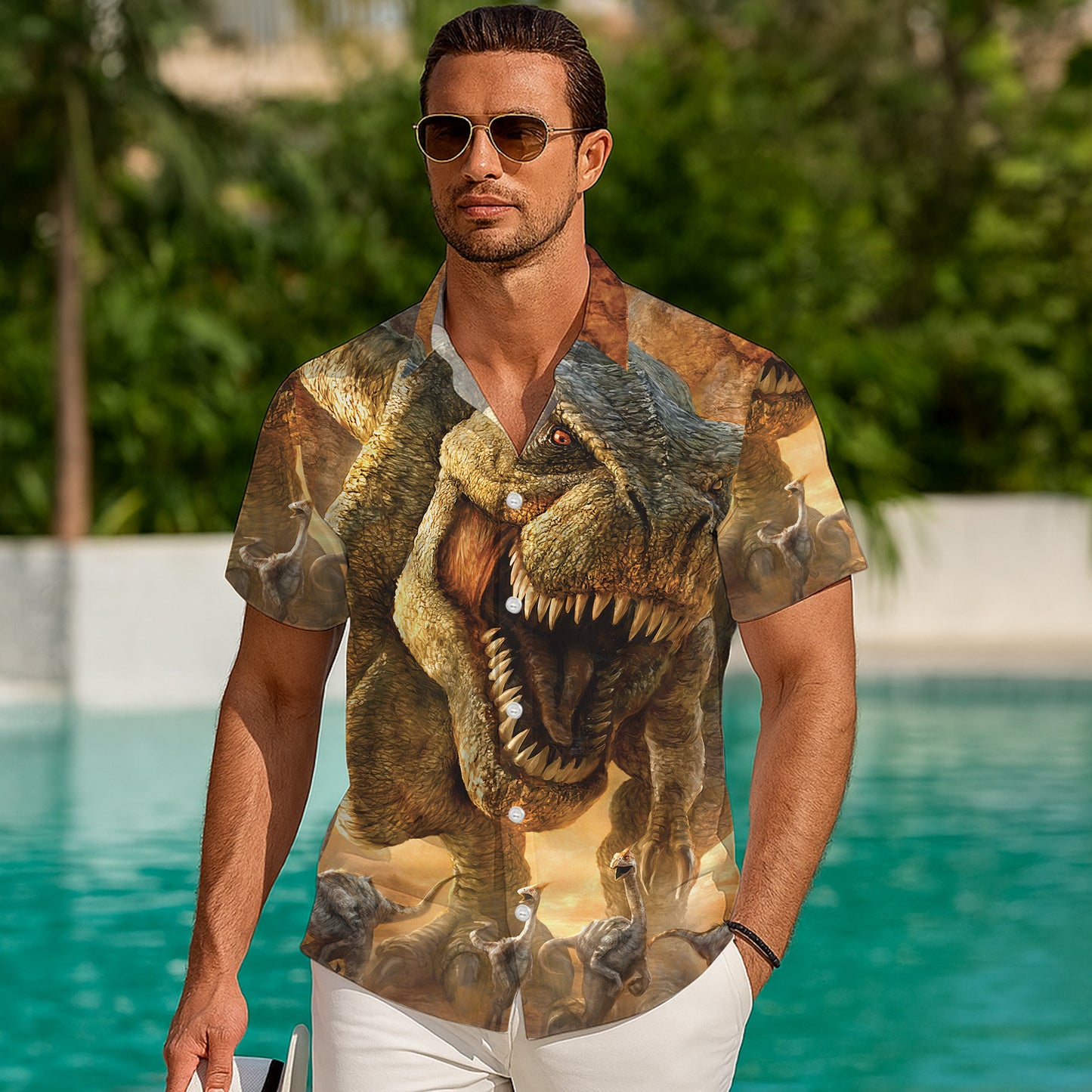 Realistic T-Rex Dinosaur Prehistoric Pattern Hawaiian Shirt Men Women Aloha
