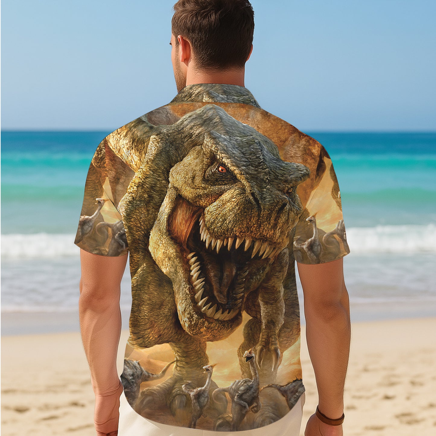 Realistic T-Rex Dinosaur Prehistoric Pattern Hawaiian Shirt Men Women Aloha