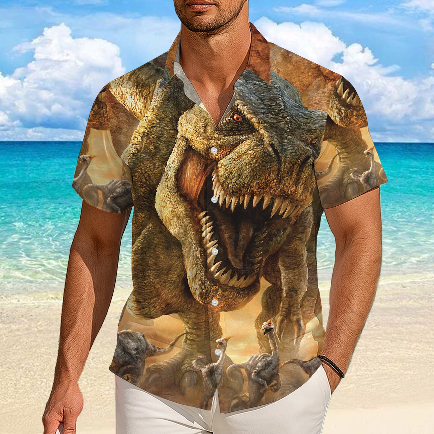 Realistic T-Rex Dinosaur Prehistoric Pattern Hawaiian Shirt Men Women Aloha