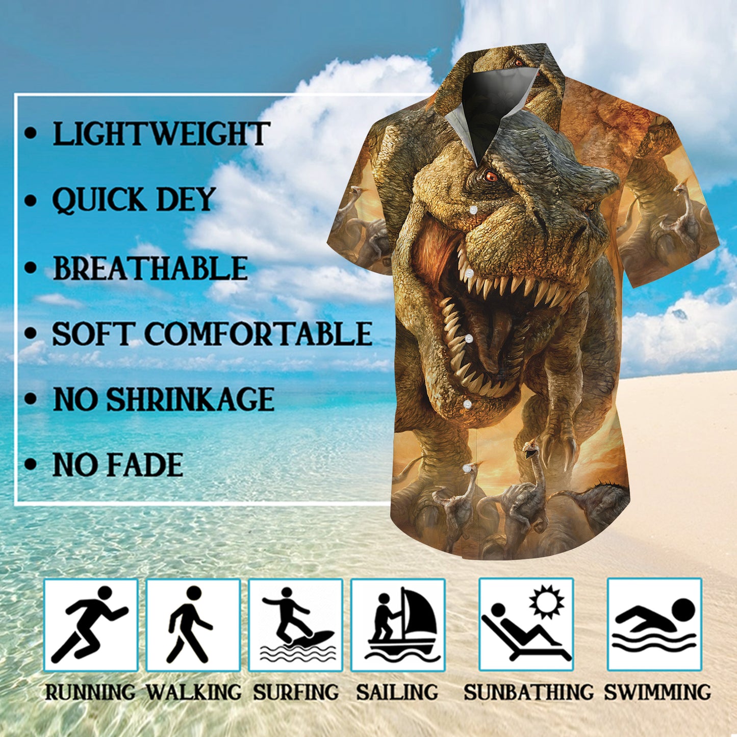 Realistic T-Rex Dinosaur Prehistoric Pattern Hawaiian Shirt Men Women Aloha