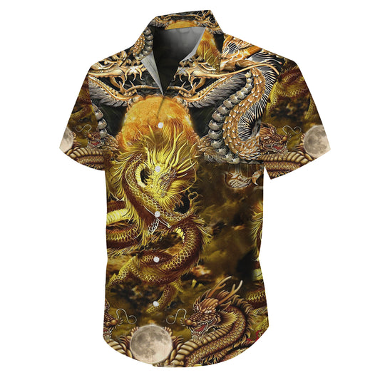 Golden Dragon & Moon Mythical Pattern Hawaiian Shirt Men Women Casual Aloha