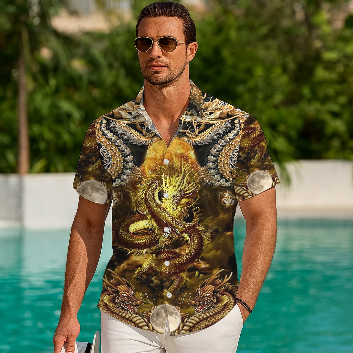 Golden Dragon & Moon Mythical Pattern Hawaiian Shirt Men Women Casual Aloha