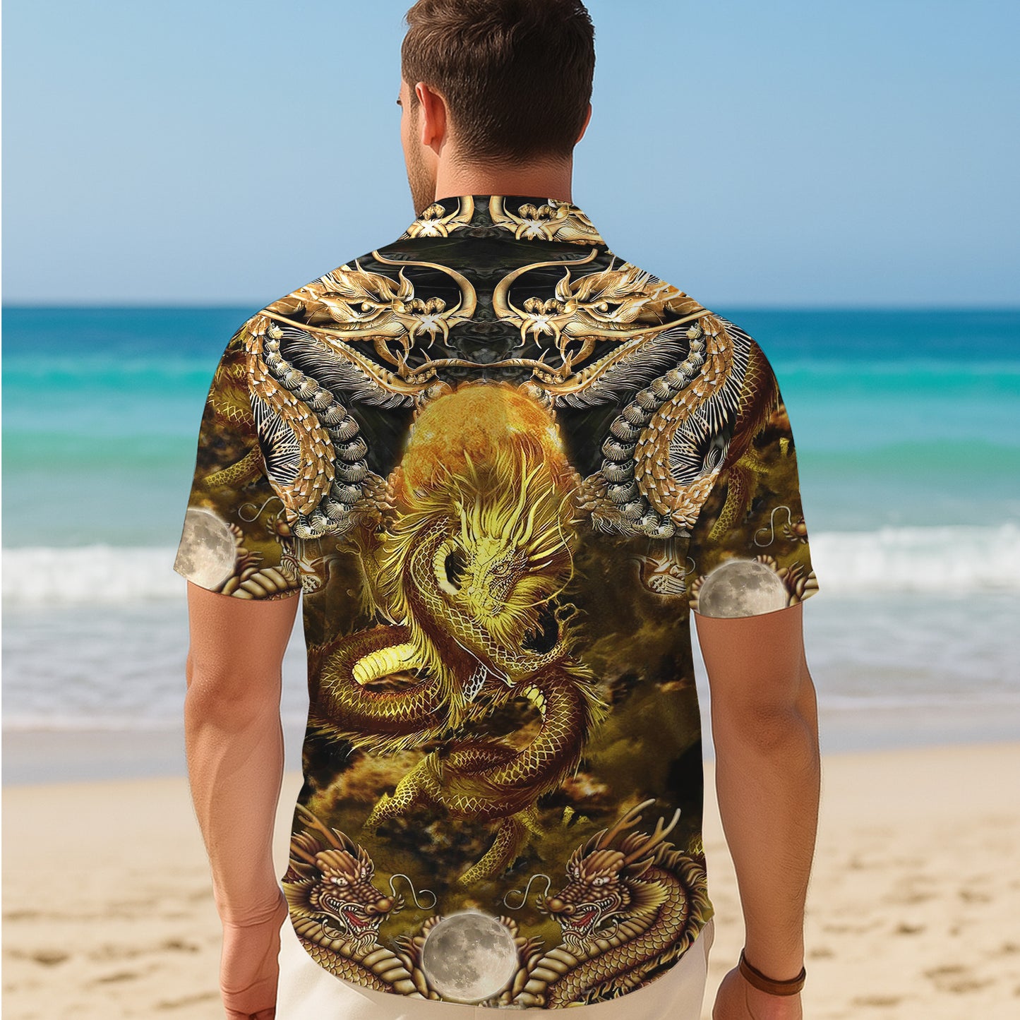 Golden Dragon & Moon Mythical Pattern Hawaiian Shirt Men Women Casual Aloha