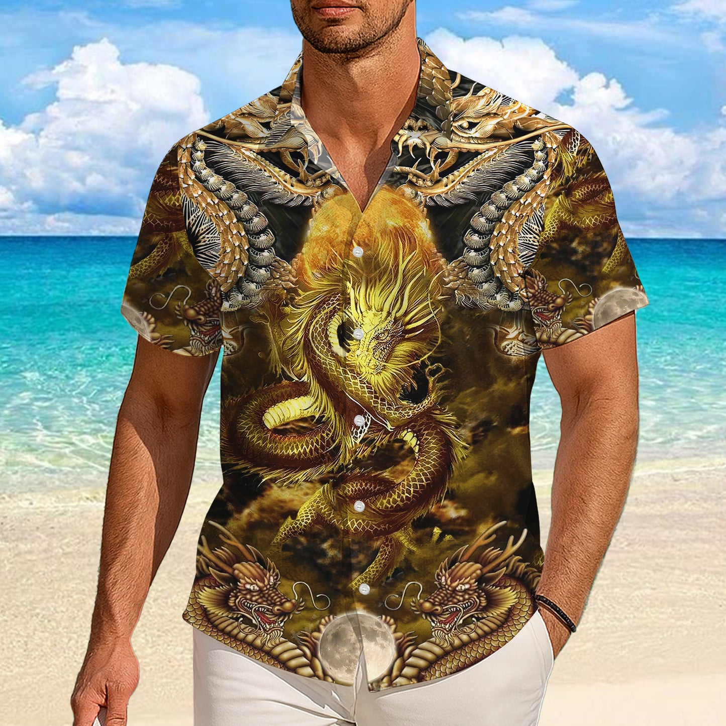 Golden Dragon & Moon Mythical Pattern Hawaiian Shirt Men Women Casual Aloha