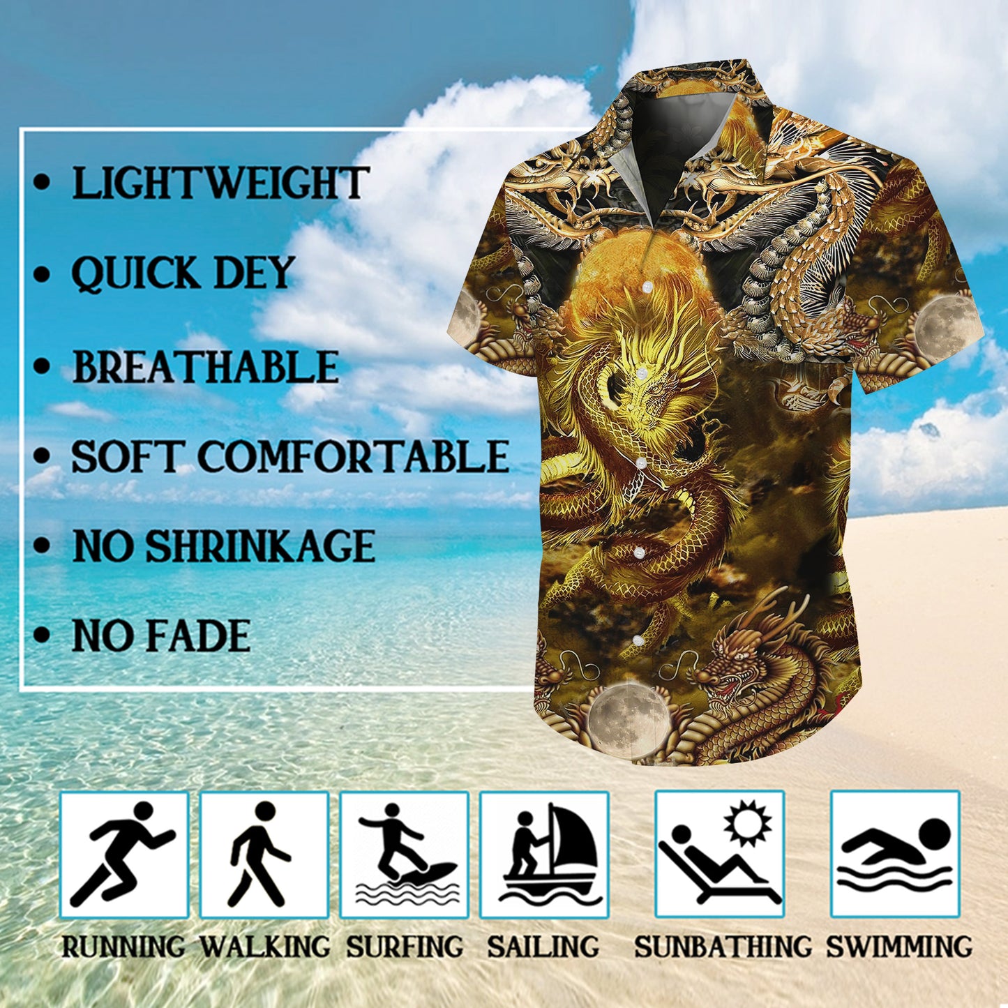 Golden Dragon & Moon Mythical Pattern Hawaiian Shirt Men Women Casual Aloha