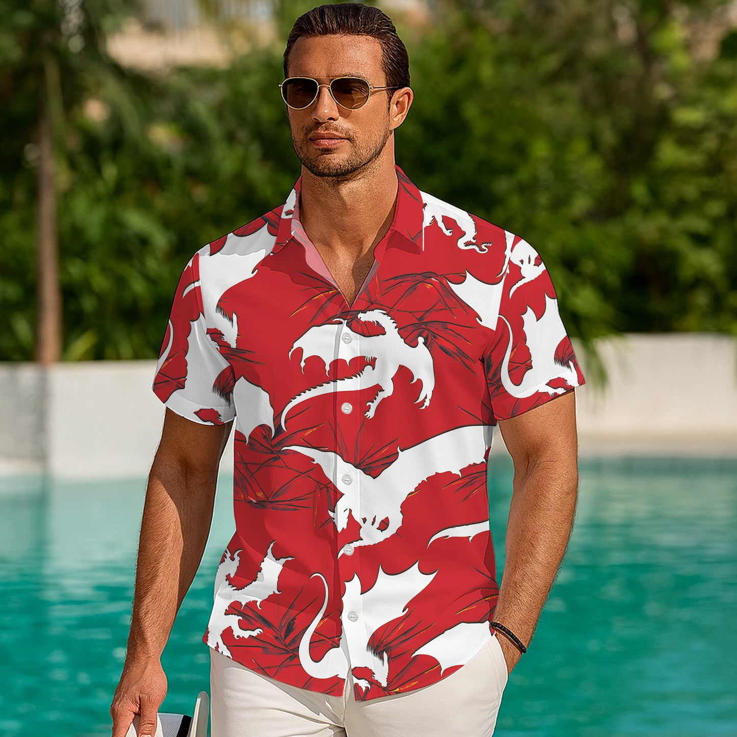 Red & White Dragon Silhouette Pattern Hawaiian Shirt Men Women Casual Aloha