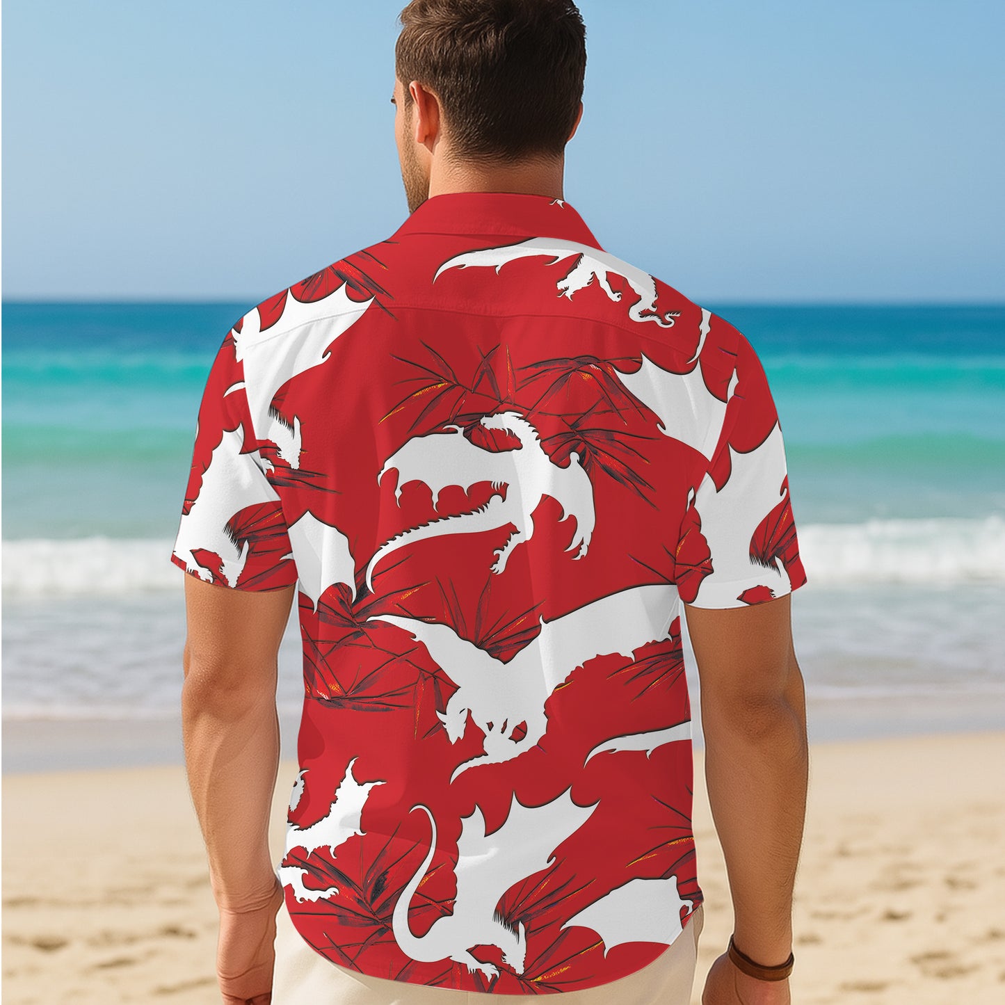 Red & White Dragon Silhouette Pattern Hawaiian Shirt Men Women Casual Aloha