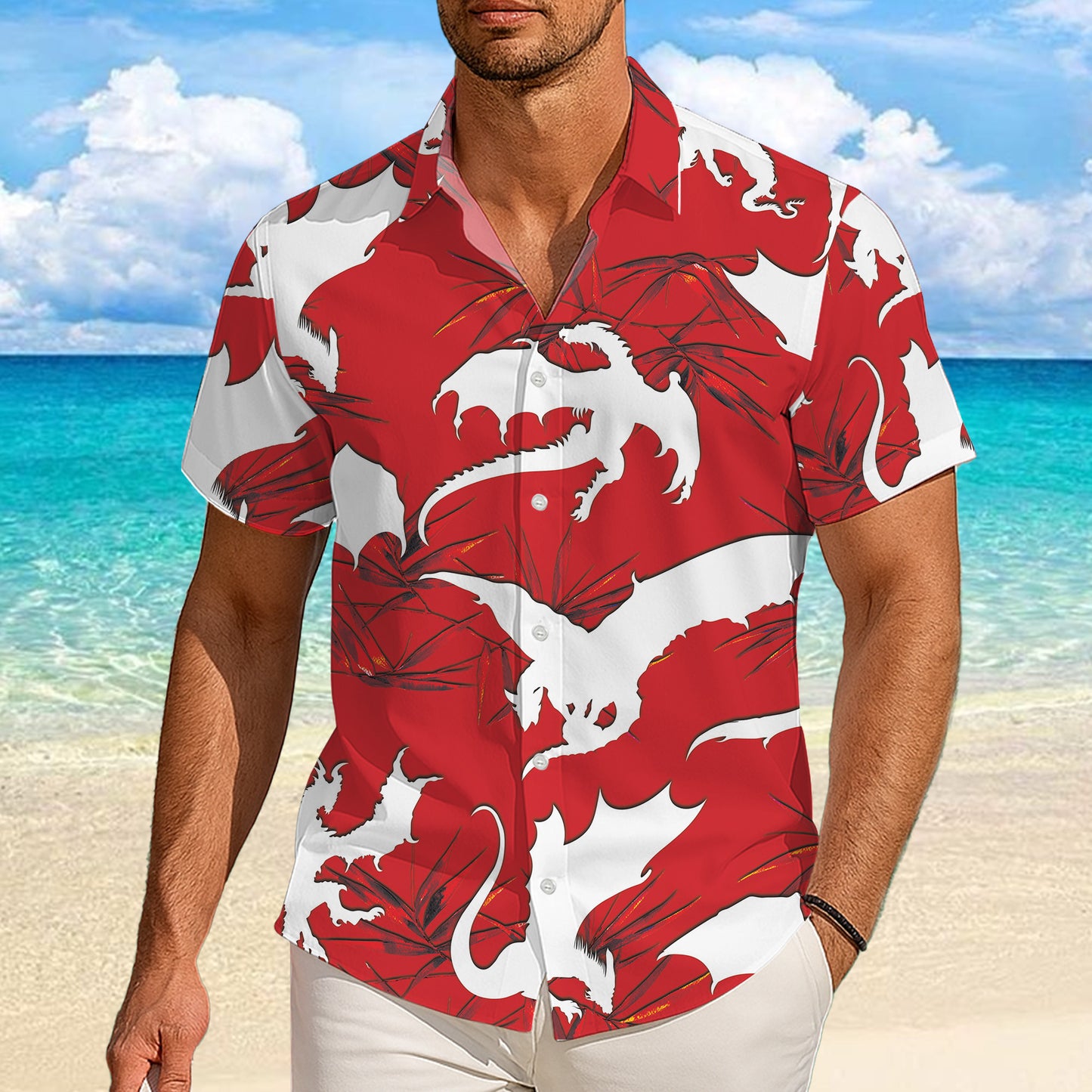 Red & White Dragon Silhouette Pattern Hawaiian Shirt Men Women Casual Aloha