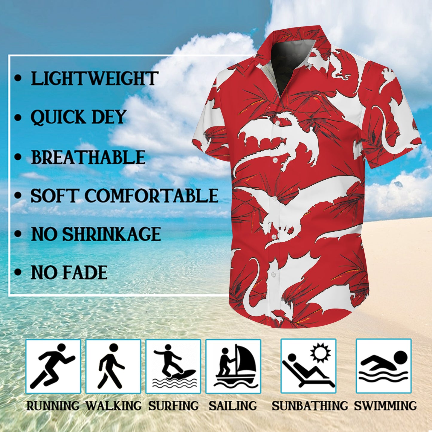 Red & White Dragon Silhouette Pattern Hawaiian Shirt Men Women Casual Aloha