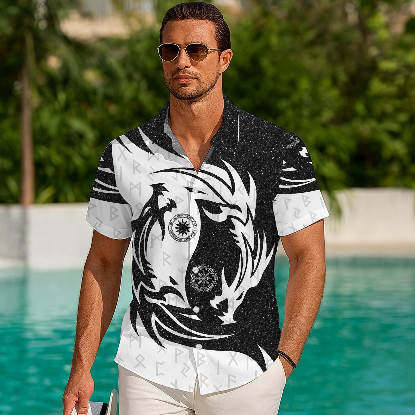 Yin Yang Dragon & Norse Runes Mythical Pattern Hawaiian Shirt Men Women Aloha