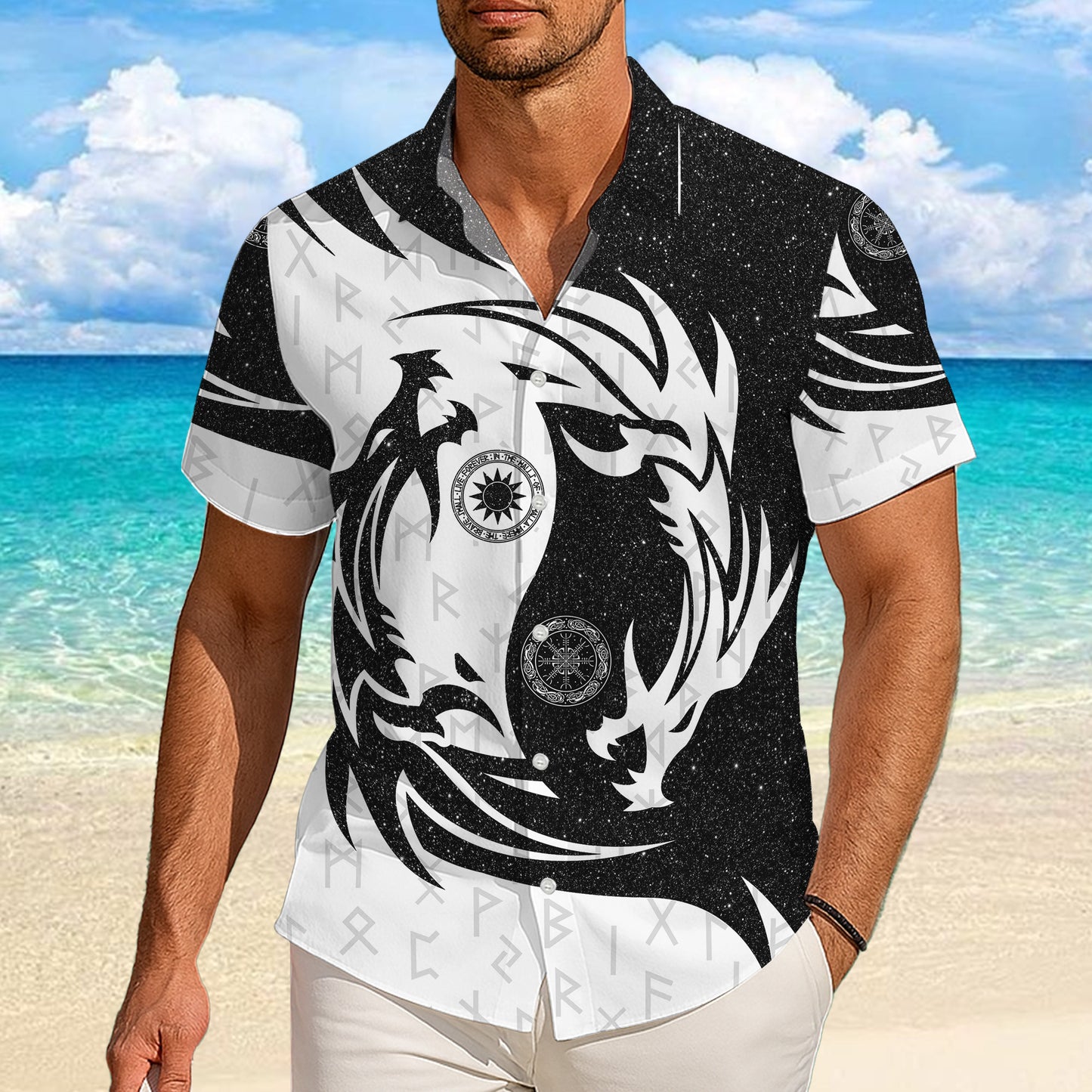 Yin Yang Dragon & Norse Runes Mythical Pattern Hawaiian Shirt Men Women Aloha