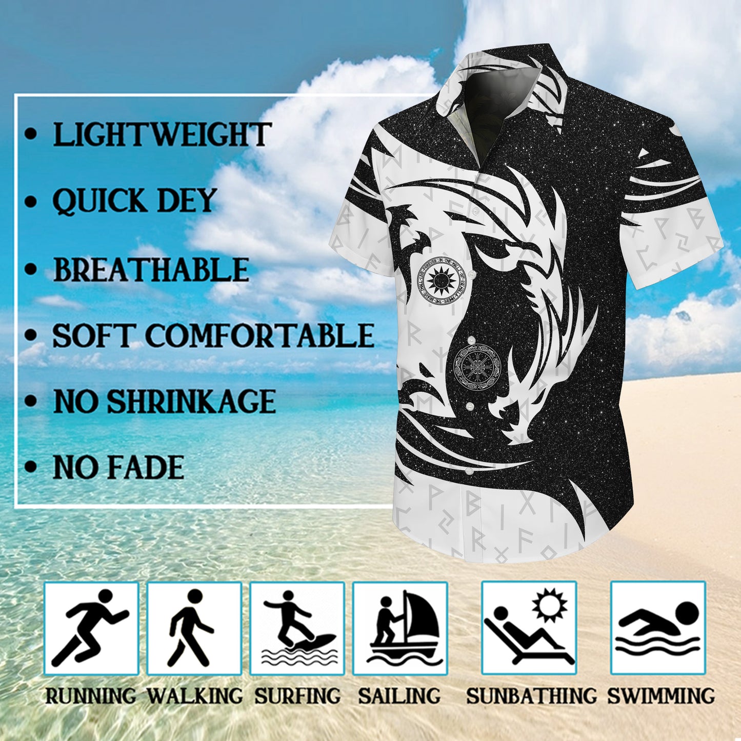 Yin Yang Dragon & Norse Runes Mythical Pattern Hawaiian Shirt Men Women Aloha