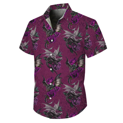 Gothic Purple Roses & Dragons Hawaiian Shirt Men Women Casual Aloha Beach