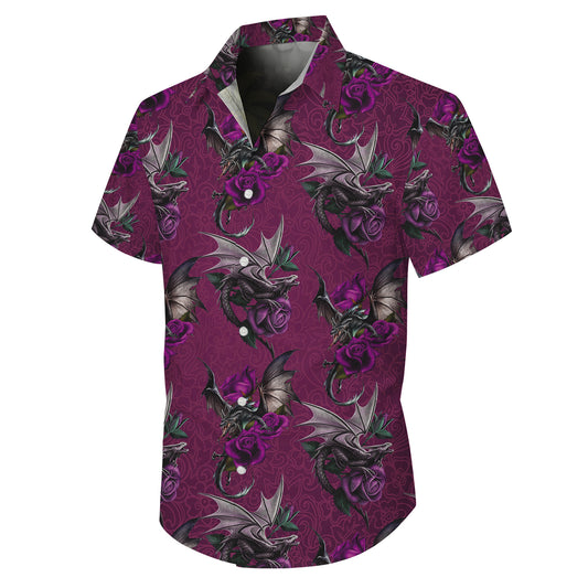 Gothic Purple Roses & Dragons Hawaiian Shirt Men Women Casual Aloha Beach