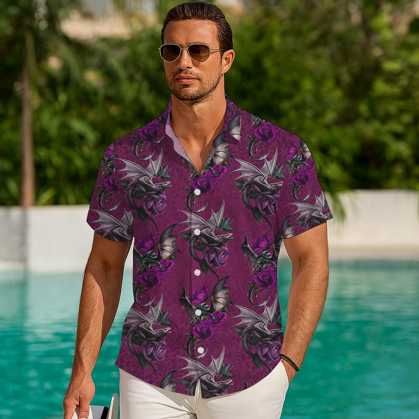 Gothic Purple Roses & Dragons Hawaiian Shirt Men Women Casual Aloha Beach