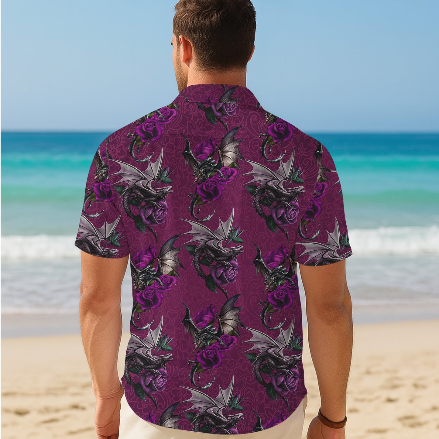 Gothic Purple Roses & Dragons Hawaiian Shirt Men Women Casual Aloha Beach