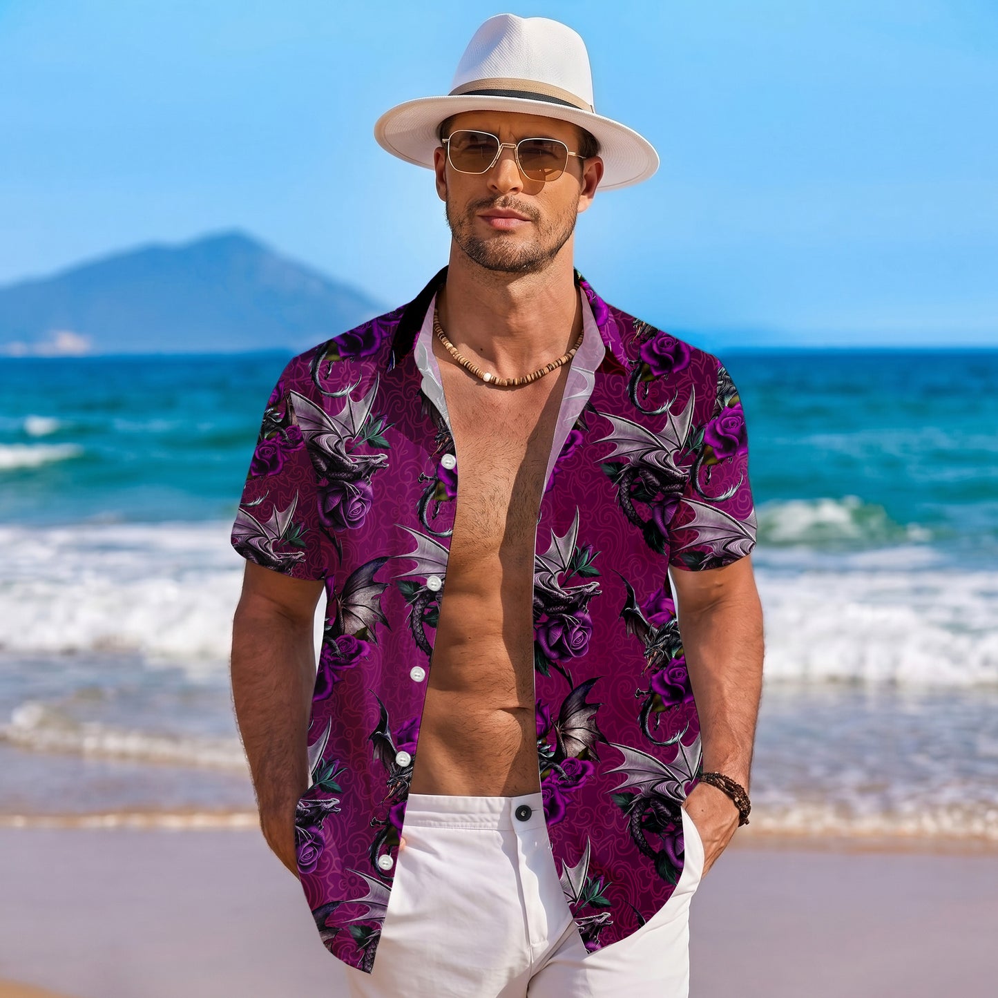 Gothic Purple Roses & Dragons Hawaiian Shirt Men Women Casual Aloha Beach